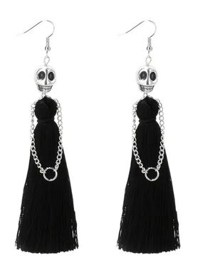 Skull Tassel Drop Earrings - Black